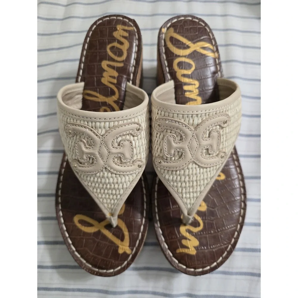 Sam Edelman Ruth Beige Leather Cork Wedge Thong Sandals size 8M
